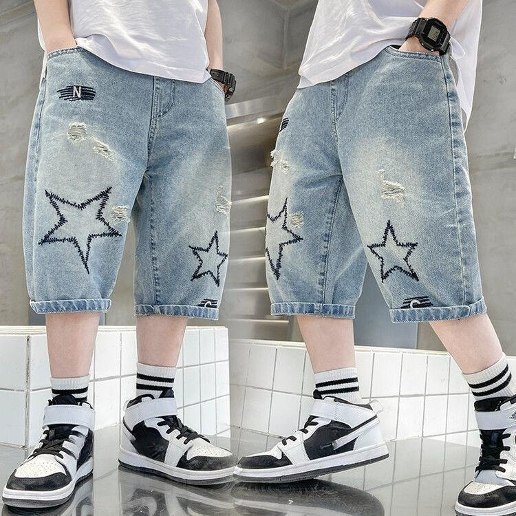Boys Straight Denim Shorts Summer Children Casual Wide-leg Knee Length Pants Teenage Jean Short Trousers Kids Clothing 5-14 Year 120