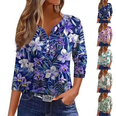 Women's T Shirt Tee Print Button 3/4 Sleeve Tunic Daily Weekend Fashion Basic V- Neck Regular Top