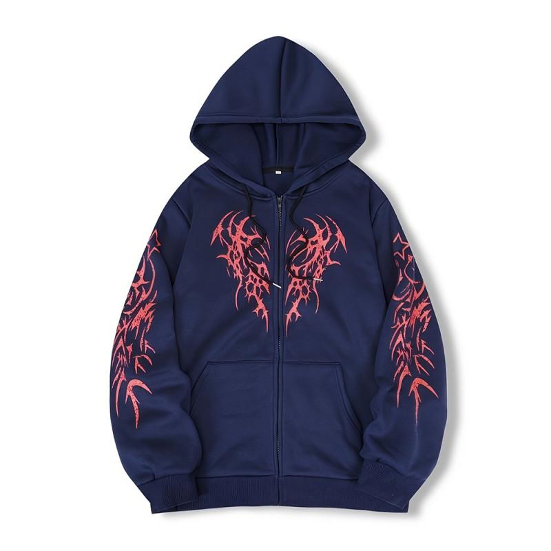 Y2K Streetwear Hooded Zip-Up Sweatshirt Teens Loose Fit Fall Casual Graphic Print Pullover