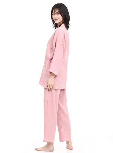 SISOFTLY Women's Washable Summer Kimono Set, Yukata and Jinbei, Double-Layered Shijira Weave with Gauze, Solid Color, Open-Front, and Pajama Set (L, P