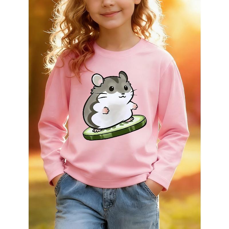 European sizes Kids' Athletic Cartoon Print Round Neck Top, Cartoon Hamster Print Round Neck Kids' Long Sleeve T-Shirt, Cartoon Character