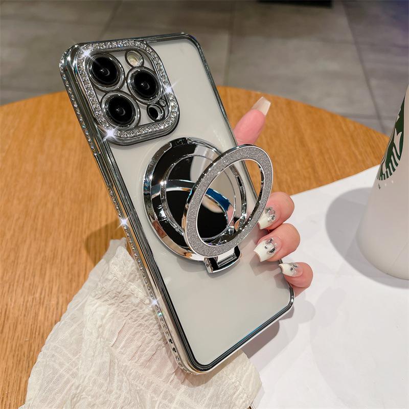 Applicable To iPhone17ProMax Electroplated Rhinestone Mobile Phone Case Apple 16Pro Mirror 15 Magnetic Suction Bracket 14 Sets
