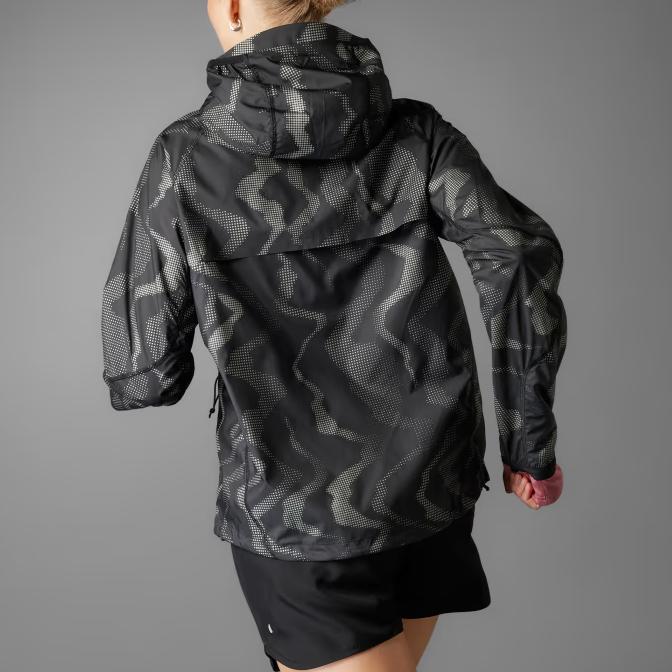 adidas Wind.Rdy Full Zip Hooded Jacket, Women Logo Print Long Sleeve Windproof Sports Outerwear Black Reflective Silver IT3445