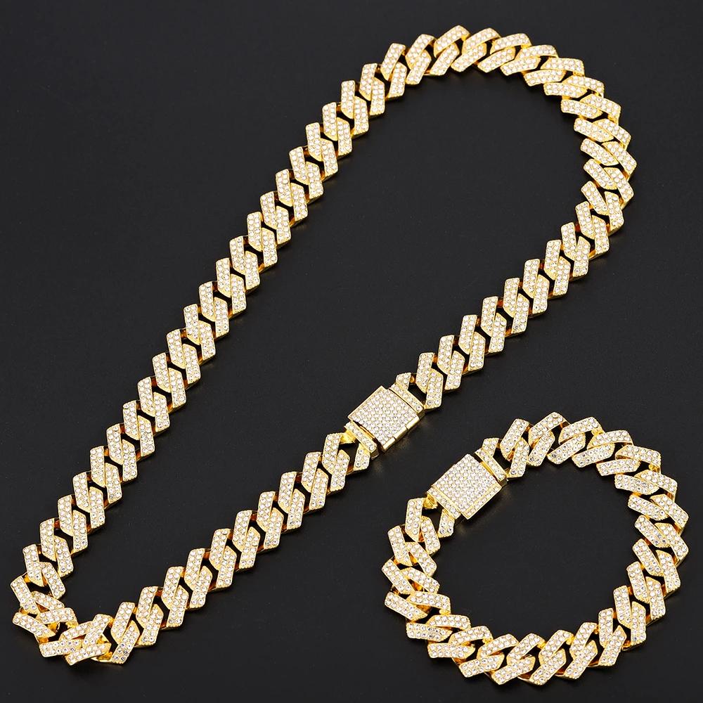 16mm Hip Hop Miami Cuban Link Chain Set Necklace +Bracelet Creative Iced Out Shiny Trendy Stylish Jewelry For Women Men set