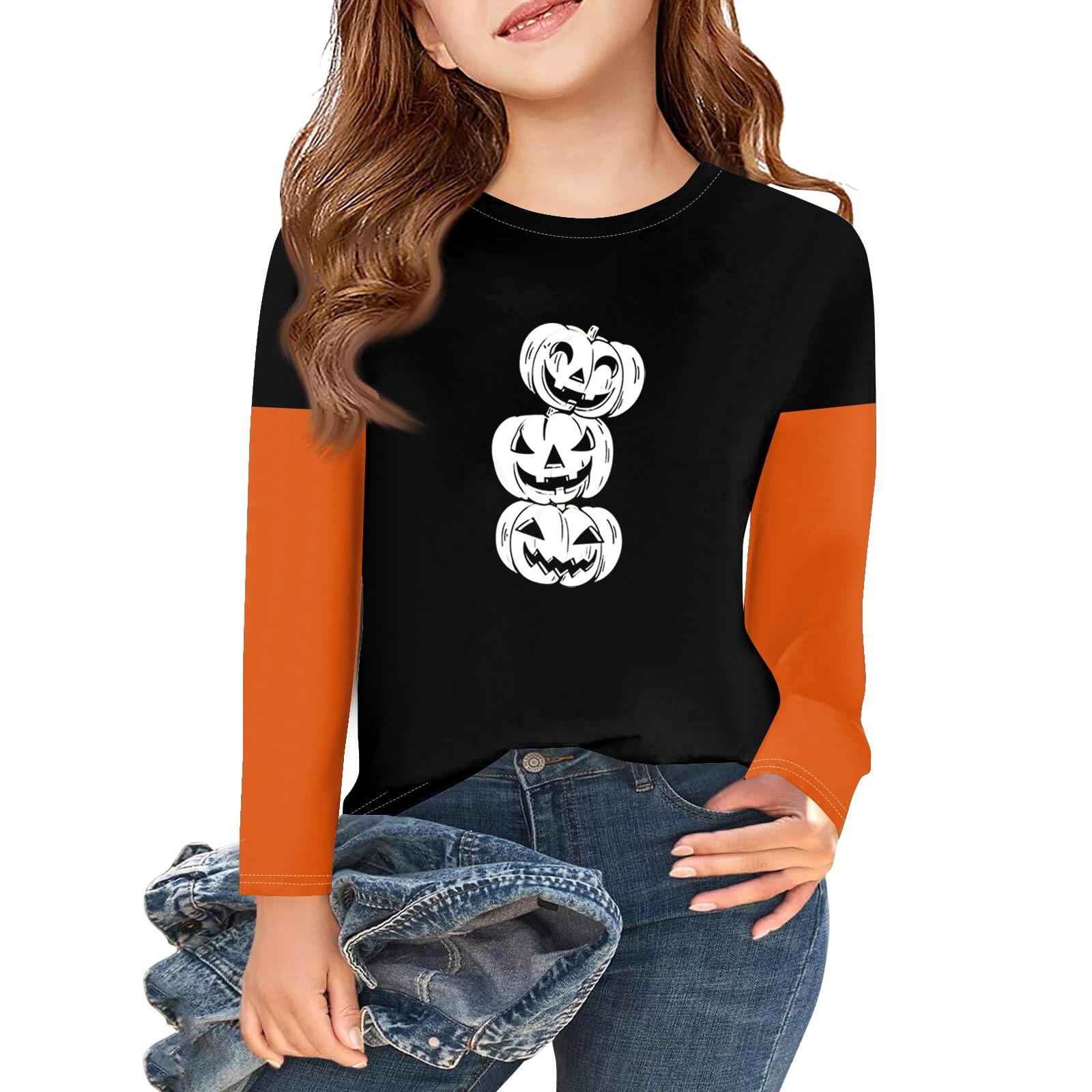 

Футболки с длинным рукавом для девочек на Хэллоуин, детские осенние топы с круглым вырезом, базовые футболки 2-11 лет 140 белый