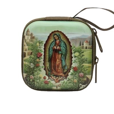 Virgin Mary Prayer Rosary Storage Bag 7x7cm Zippered Religious Articles Elegant Iron Artwork Religious Jewelry Box