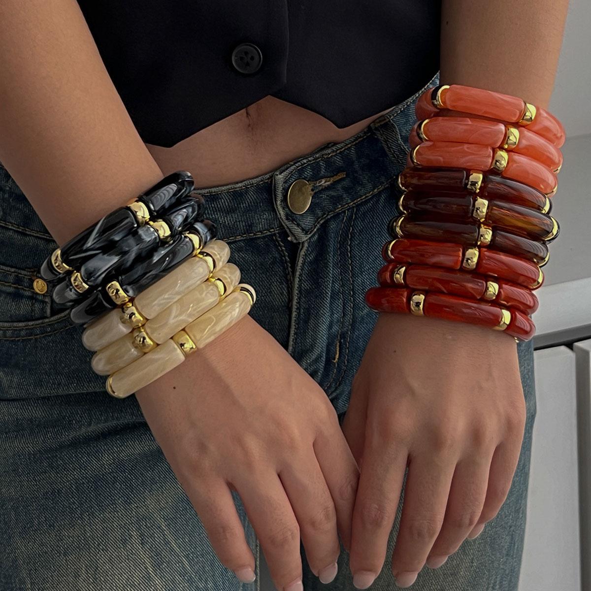 Beautiful And Exquisite Toys Women's Gold 3Pcs Bohemia Thread Bamboo Acrylic Hand Bracelets Resin Stackable Thin Tube Bead Stretchy Bangle Jewelry Gifts