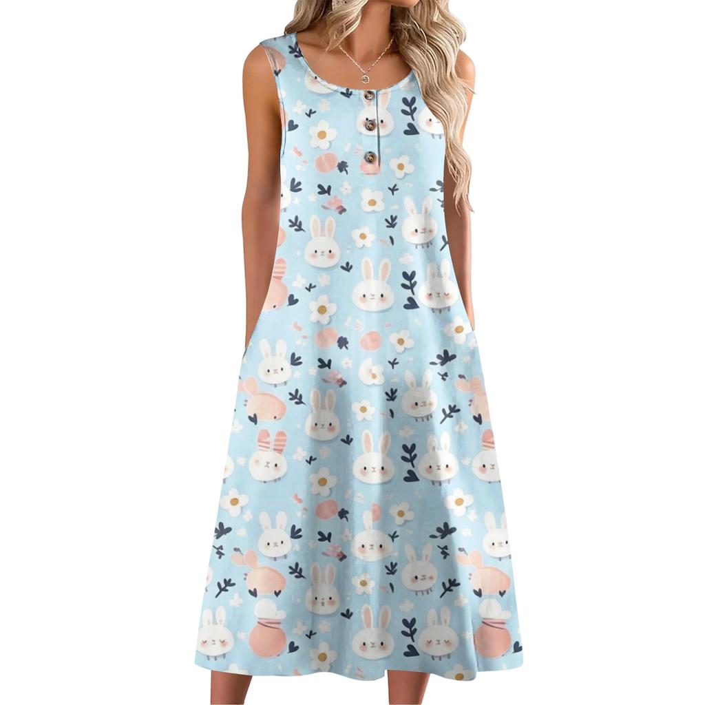Dámské módní ležérní bezrukávové knoflíkové velikonoční potisk šaty s kapsou