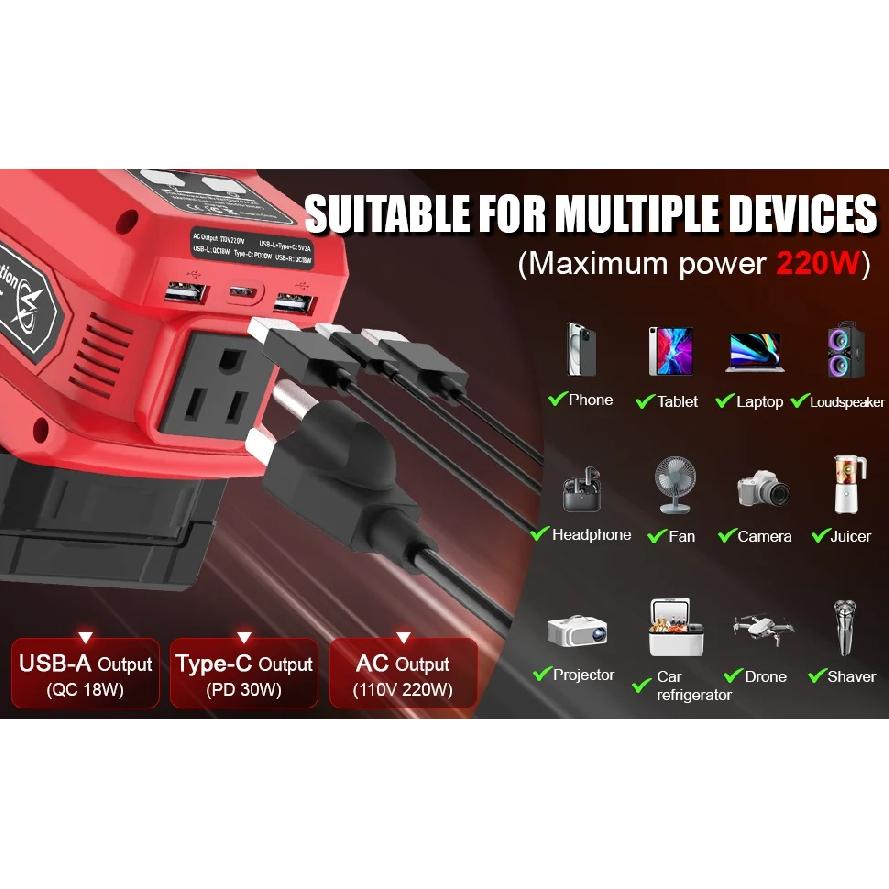 Azocek 220W Portable Power Inverter Compatible with Mil-wau-kee 18V Battery, 18V to AC 110V 4 Output&300LM LED, Inverter for Car
