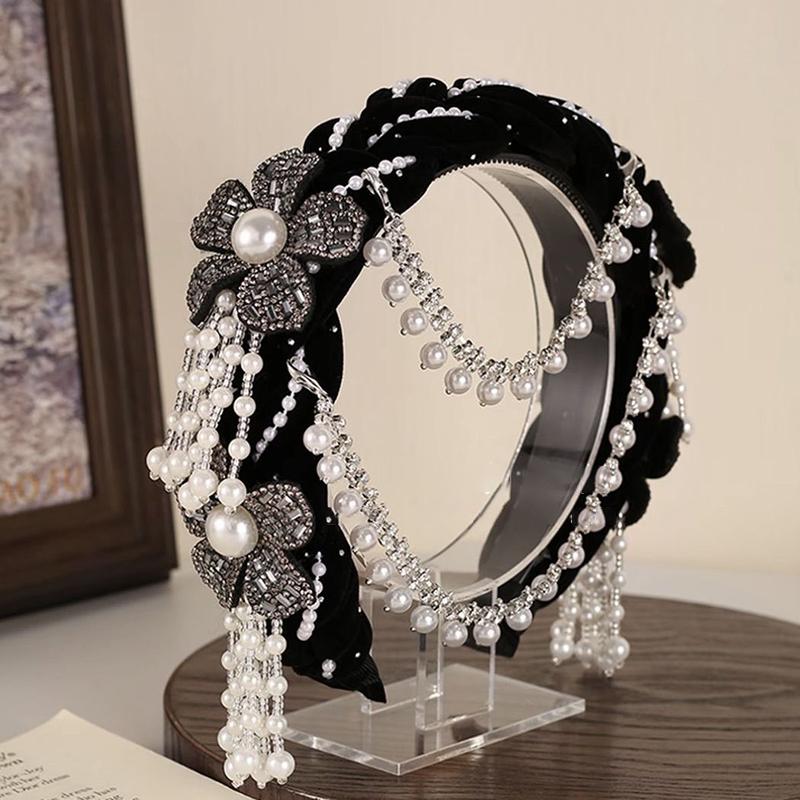 French Retro Flowers Beads Tassels Hair Band Ethnic Style Elegant Hair Accessory For Women