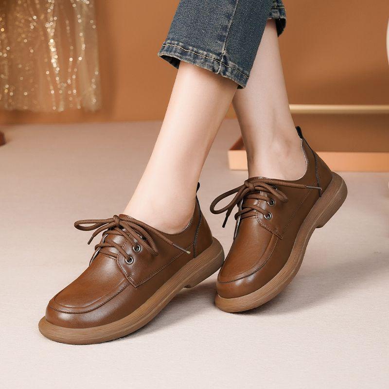 Women's British Style Leather Lace-up Loafers - Casual Soft Sole Autumn Flats
