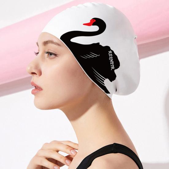 Women Swim Hat Swan Print Elastic Non-slip Ear Protection Waterproof Silicone Long Short Hair Adults Bathing Pool Swimming Hat
