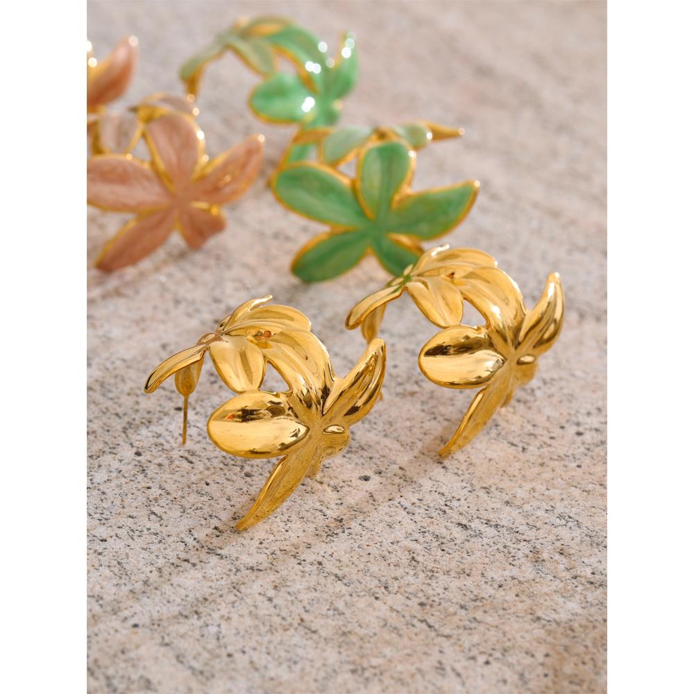 Eetit Grüne Rosa Emaille Goldene Blume Creolen für Damen Exquisiter Edelstahl Täglich Vielseitiger Modeschmuck Geschenk
