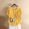 Summer Oversized Cotton and Linen Short-sleeved T-shirt, Cotton and Linen Butterfly Flower Printed Oversized Women's Clothing