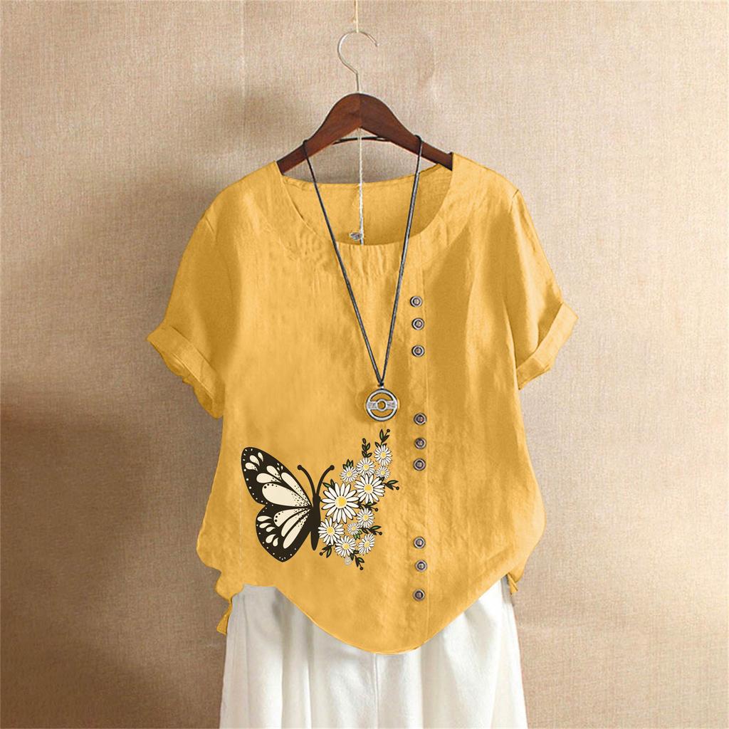 Summer Oversized Cotton and Linen Short-sleeved T-shirt, Cotton and Linen Butterfly Flower Printed Oversized Women's Clothing