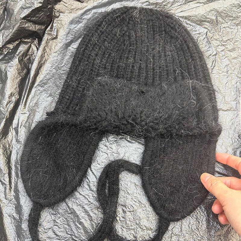 Plush ear protection Lei Feng hat women's winter angora rabbit fur knitted hat cold-proof lace-up warm wool hat