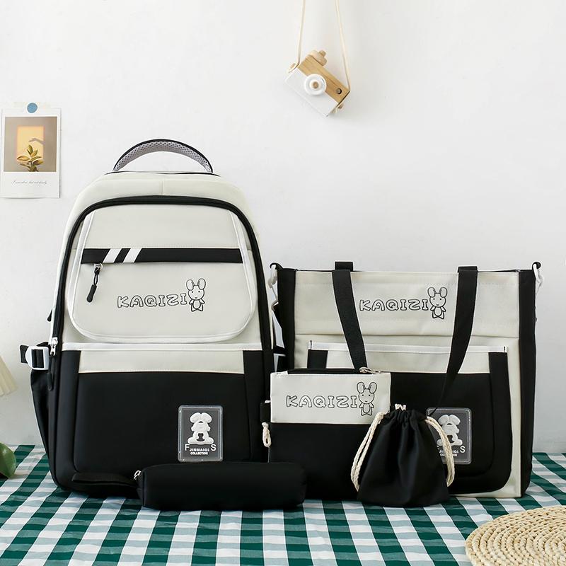 Five-Piece Backpack Set Student Schoolbag Women's Color Block Backpack Large Capacity Backpack