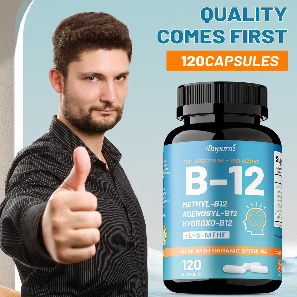 Vollspektrum-Vitamin-B12-Kapseln enthalten alle drei natürlichen Formen von Vitamin B12 und aktive Folsäure, die helfen, Energie, Konzentration und Stimmung zu steigern.