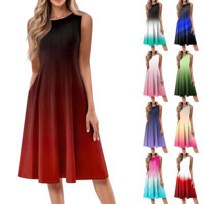 Lässiges und modisches Damenkleid mit Rundhalsausschnitt, ärmellos, bedruckt, mittellang