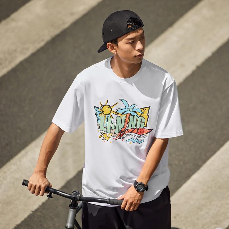 Li Ning Sports Fashion Series Cartoon Illustration Logo Print Round Neck Short Sleeve T-Shirt Unisex T-Shirt White AHST921-1