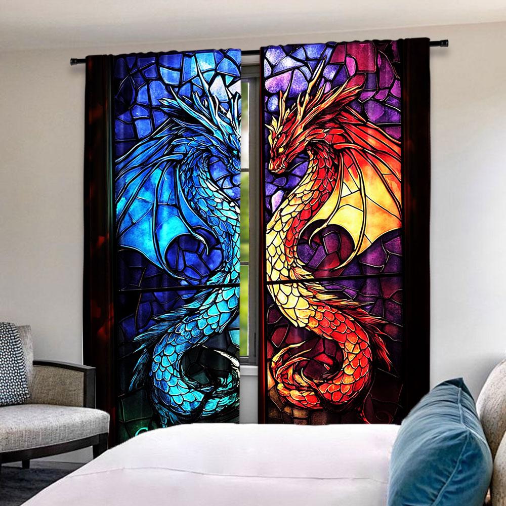 Set Of 2 Blue Gold Vibrant Dragon Curtains Suitable Living Room Dining Kitchen Bedroom Bathroom Study Office Curtain Polyester Perfect For