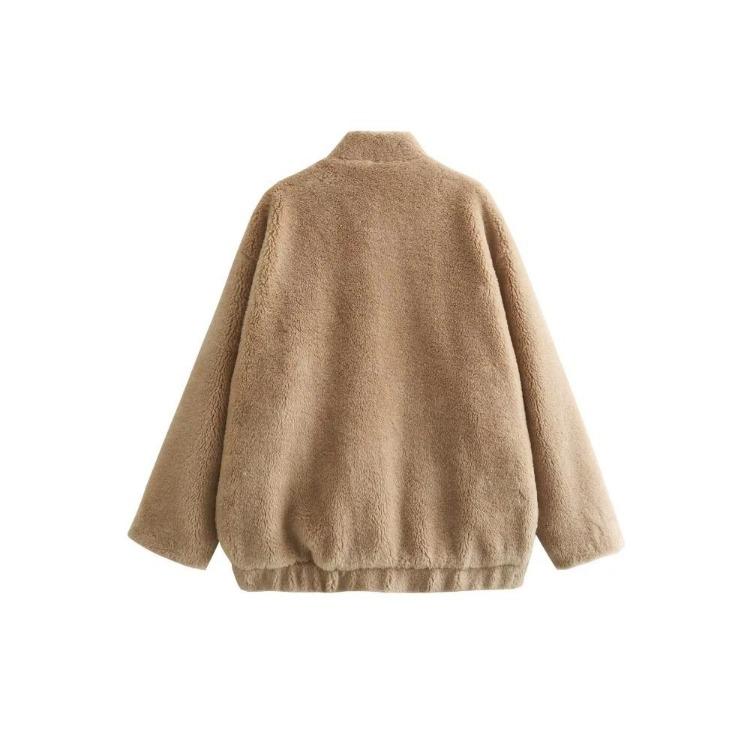 Warm Plush Fleece Bomber Jacket for Women Winter Autumn Stand Collar Coat Long Sleeve with Pockets New Outerwear