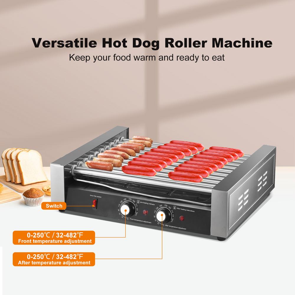 Commercial Hot Dog Roller 27 Hot Dogs 10 Rollers Electric Grill Roller Cooker 1700W Sausage Grill Cooker with Removable Oil Drip
