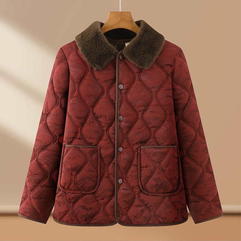 Stylish Floral Velvet-Enhanced Cotton Jacket for Middle-Aged Women - Short, Warm Autumn/Winter Wear for 50+.