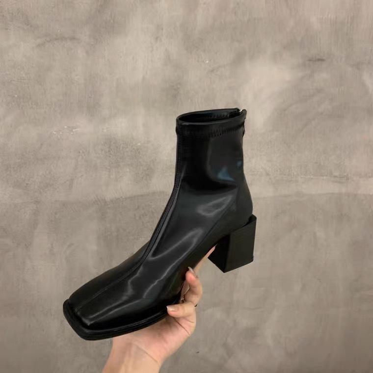 High-heeled Square-headed Small Short Boots for Women's 2025 Autumn and Winter New Martin Boots Niche Thick-heeled Design French Thin Boots