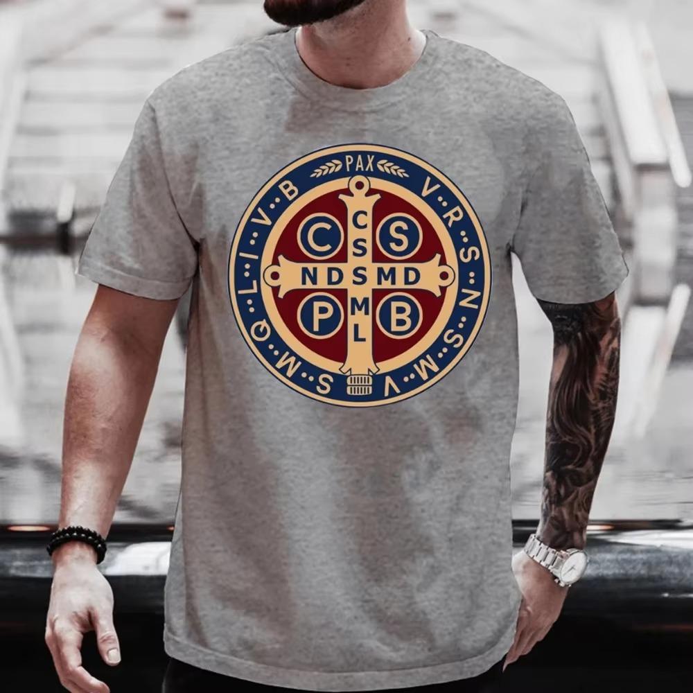 The Saint Benedict Medal Catholic Pullover T-Shirt Camisas Men Women Casual Printed Cotton T Shirt Vintage Harajuku  Oversized T