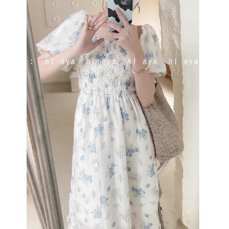 French floral dress female fat sister large size waist thin knee medium length skirt high waist A skirt square collar
