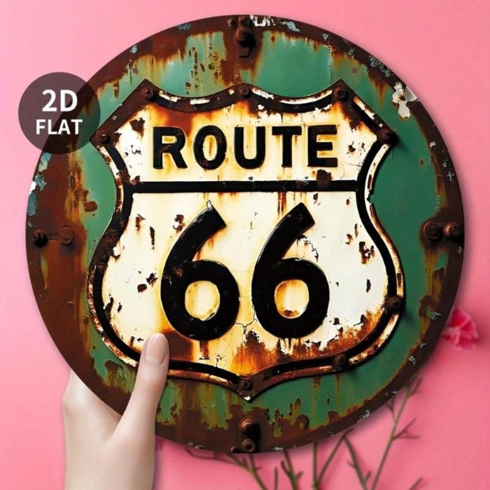 Vintage Round Metal Sign Route 66 Retro Green White Wall Decor