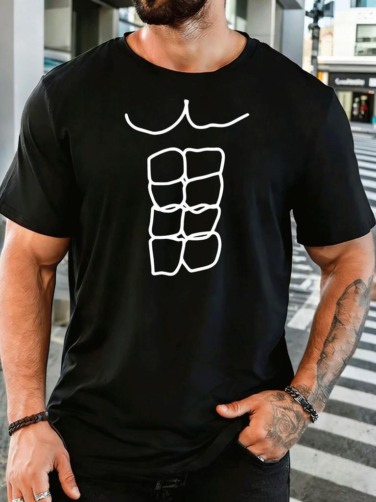 Unisex Line Art Six Pack Abs Body Minimal Graphic Cotton Short Sleeve Tee Crew Neck Soft Male Summer Casual Breathable Street Top