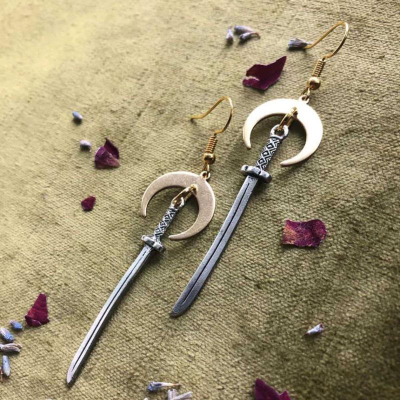 Gothic Tarot-Inspired Gold Moon & Silver Sword Dangle Earrings