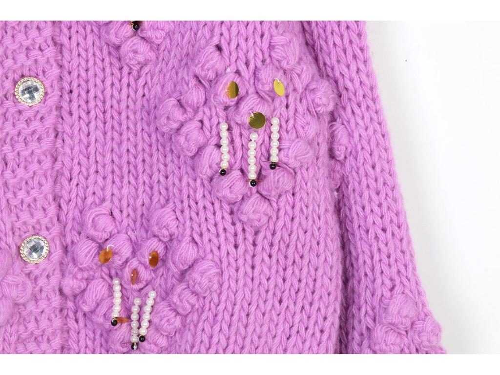 Women's Fashionable Purple Pom-Pom Cardigan - Round Neck, Beaded, Hand-Crocheted, Lazy Style, Autumn/Winter Sweater
