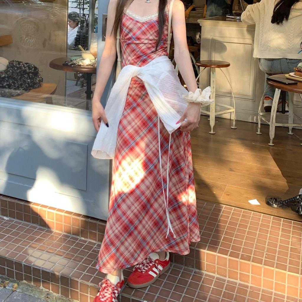 Hhyii Twilight Rose Plaid V-Neck Lace Dress - Women's Summer Sling Tea Dress