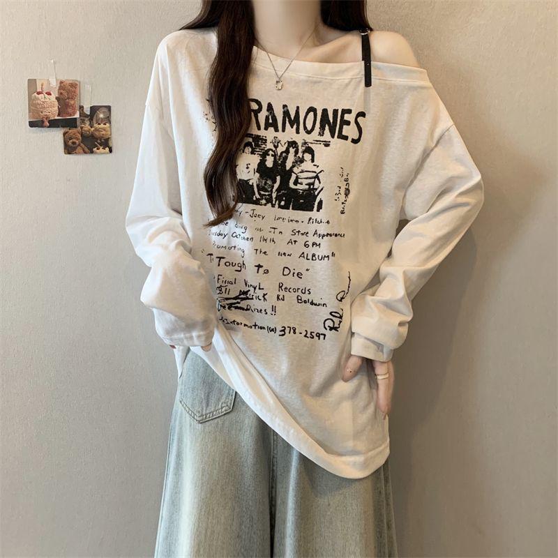 American Plus Size One-Shoulder Letter Print Long Sleeve Women's T-shirt - 2025 Autumn, New Loose Slimming Trendy Top