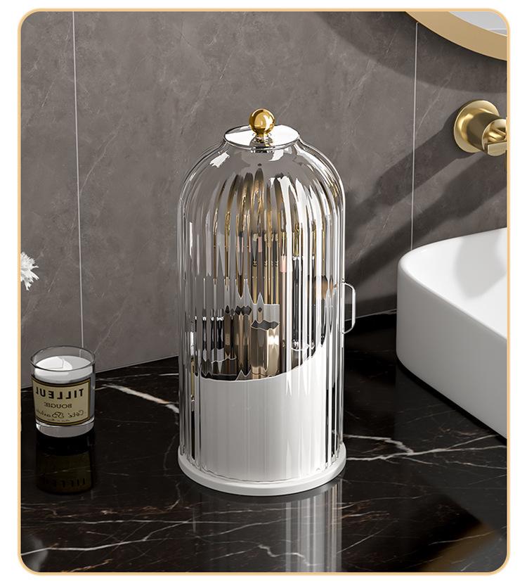 Birdcage Rotating Makeup Brush Holder with Dustproof Compartments for Desktop Cosmetics and Pen Storage