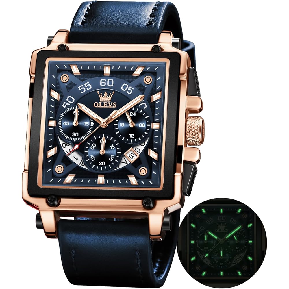 OLEVS Men s Quartz Chronograph Leather Dress Watch Waterproof Date Luminous Casual Square Business Watch Blue 9919