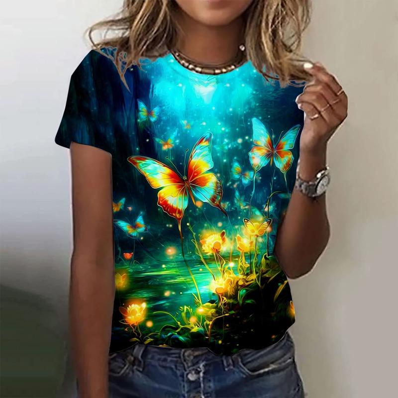 Summer Colorful Butterfly Floral T-shirt 3D Print Women Short Sleeve T Shirts Streetwear Harajuku Y2k Tops Woman Tees Clothing