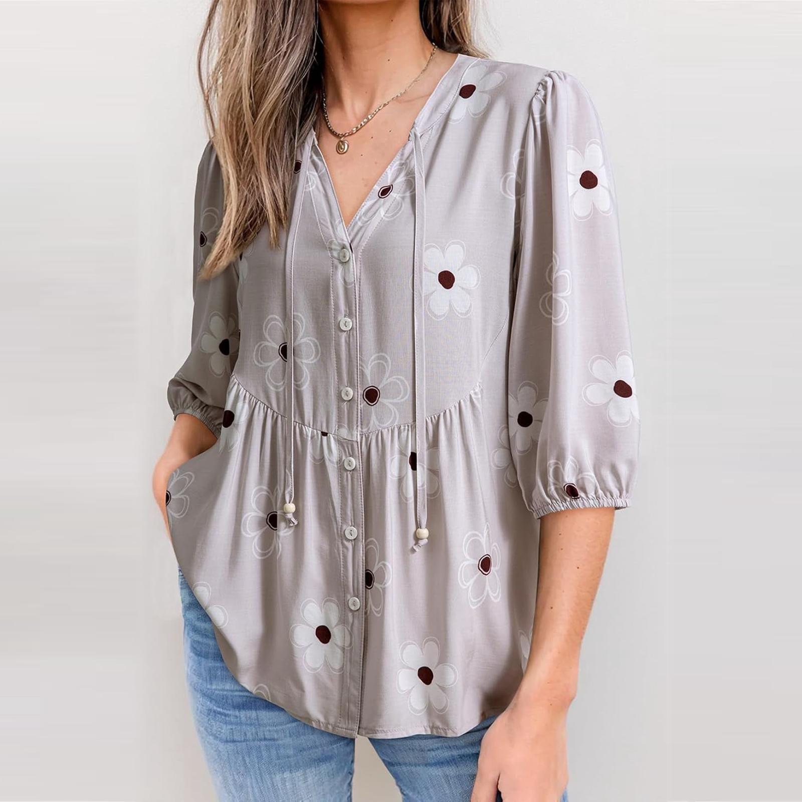

Boho Tops for Women Button Down V Neck Spring Tops for Women Short Sleeve Tops for Women Womens Summer Tops XXL