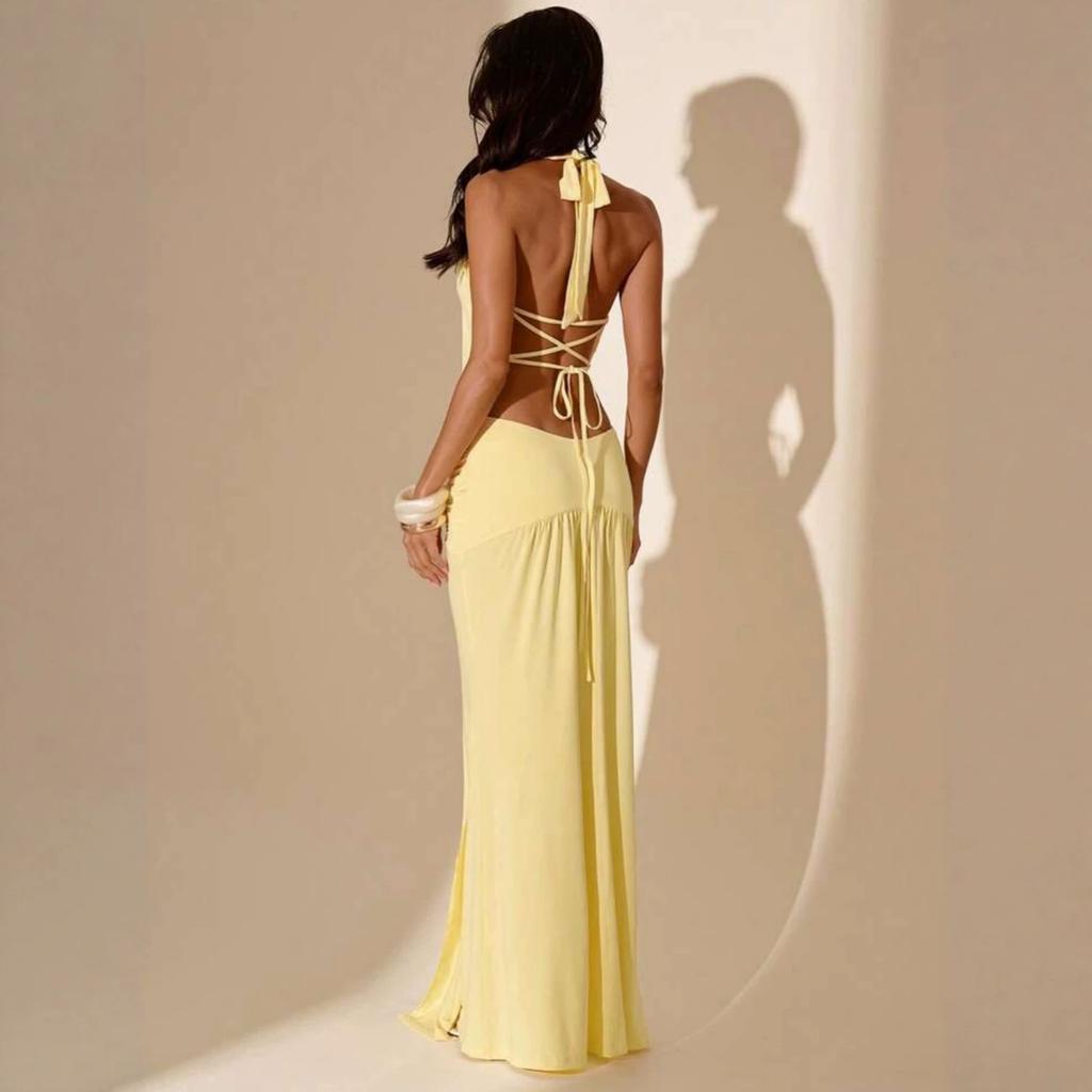 Holiday Style Neck Halter Dress Waist Side Dense Pleated Streamer Slim Hip Fish Tail Dress
