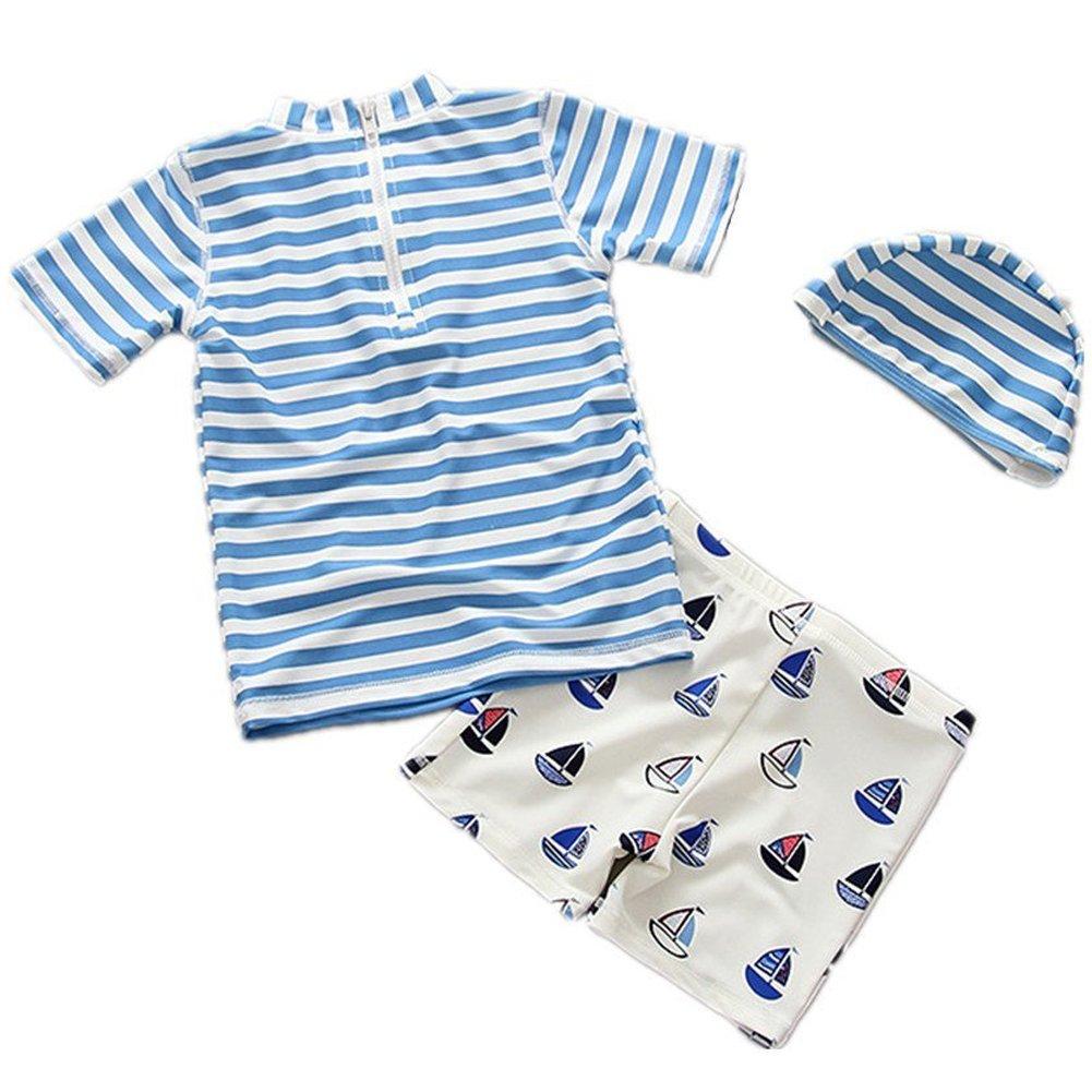 Emfay Short Top and Bottom with Rash UV 4T Boys' Swimsuit, Sleeve, Striped, Set, Cap, Guard, Swimwear, Protection,
