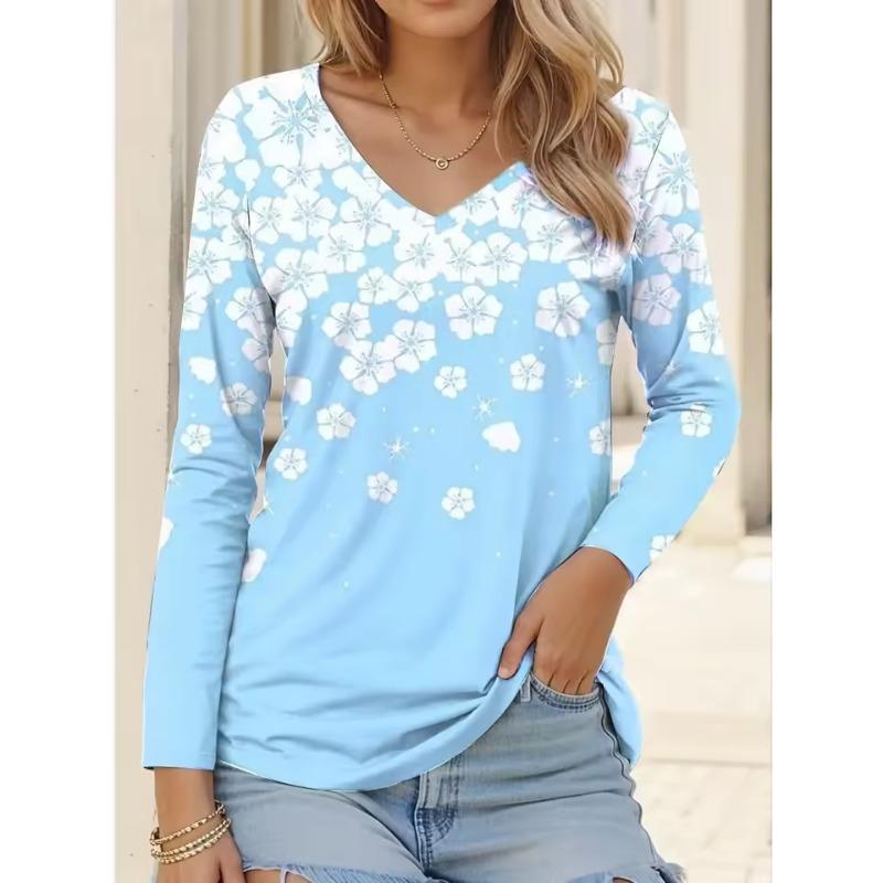 Women's T-Shirt Floral Graphic Flower Elegant Fashion Tee Long Sleeve T-shirts V-Neck Regular Tops Pullover Fall Winter