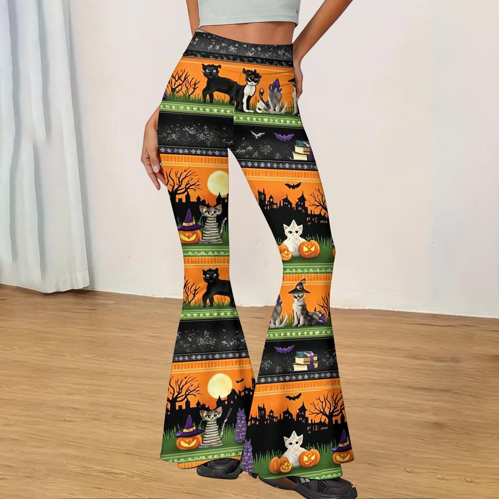 Women's Halloween Print Flared Yoga Pants Stretchy High Waist Casual Fitness Leggings Slim Fit Micro Flare Trousers for Everyday Wear
