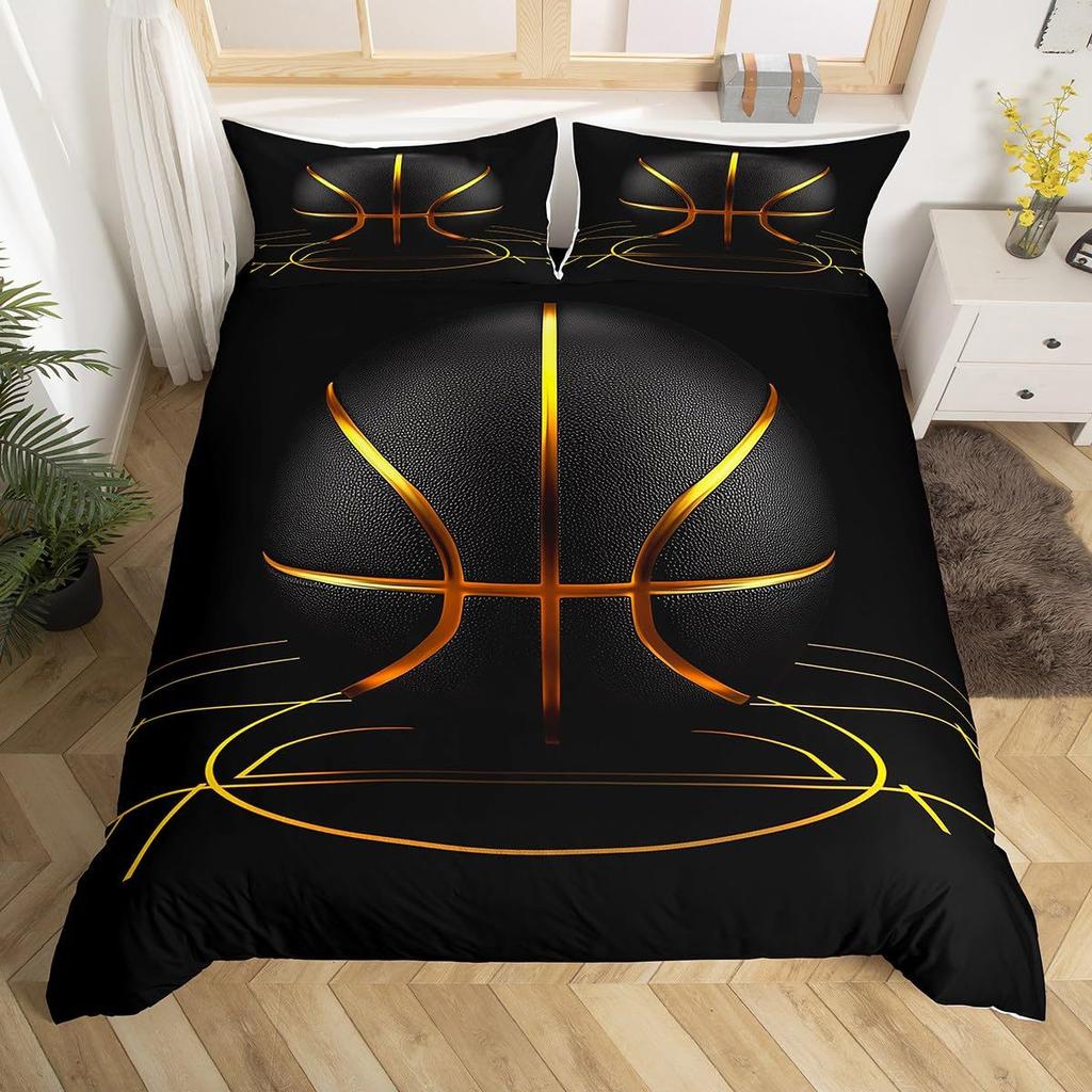 Basketball Comforter Cover Queen Size Sport Dunk Basketball Duvet Covers For Kids Teens, Black Ball Print Bedding Set All Season