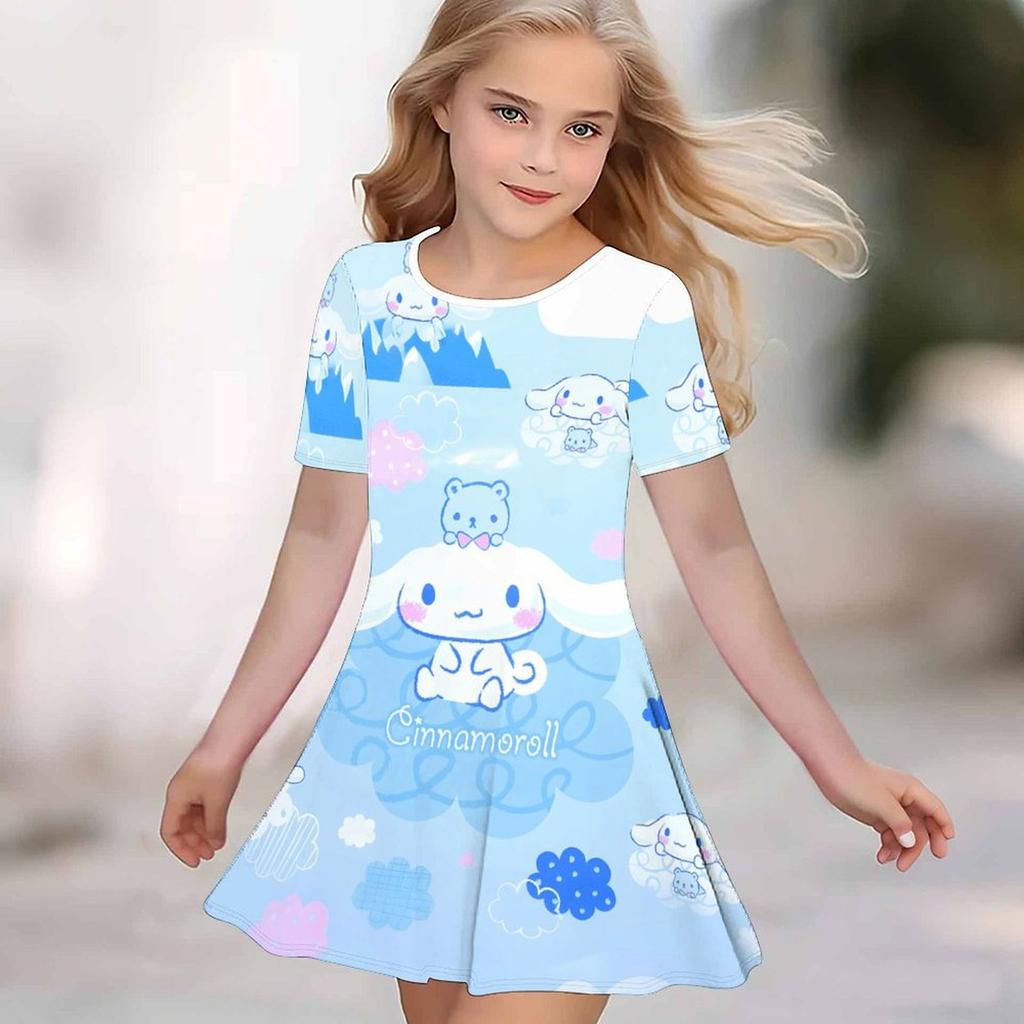 Girls 3D Print Dresses Kids Girl Party Short Sleeve Princess Dress Tank 3D Likable Cartoon Print Dress
