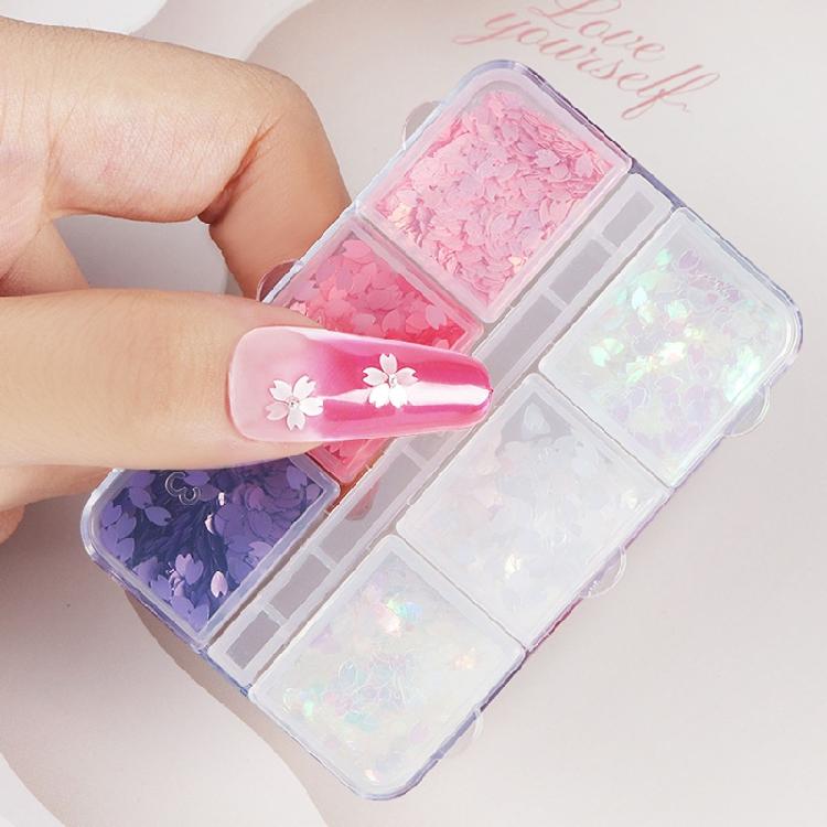 6 Grids Cherry Blossom Petal Nail Art Glitters 3D Nail Sequins Color Glitters