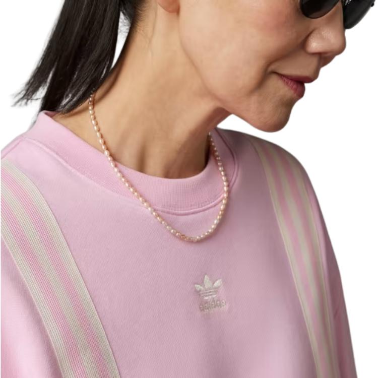 Adidas Originals Adicolor 70s Vintage Series Striped Logo Print Crew Neck Sweatshirt Women Tops Pink IK7868