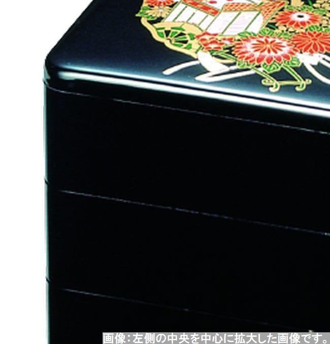 J-kitchens 3-Tiered Jubako Box, 6.5 inches, Black Flower Goshoguruma Design, 19.6cm x 19.6cm x 17.5cm, Made in Japan